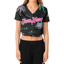 Laden Sie das Bild in den Galerie-Viewer, Custom Women's Black Pink-White Hawaii Palm Trees 3D V-Neck Cropped Baseball Jersey