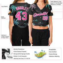 Laden Sie das Bild in den Galerie-Viewer, Custom Women's Black Pink-White Hawaii Palm Trees 3D V-Neck Cropped Baseball Jersey