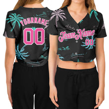 Laden Sie das Bild in den Galerie-Viewer, Custom Women's Black Pink-White Hawaii Palm Trees 3D V-Neck Cropped Baseball Jersey