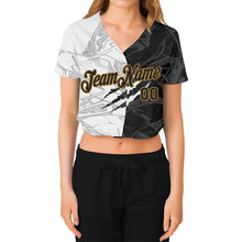 Laden Sie das Bild in den Galerie-Viewer, Custom Women's Graffiti Pattern Black-Old Gold Scratch 3D V-Neck Cropped Baseball Jersey