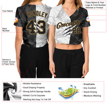 Laden Sie das Bild in den Galerie-Viewer, Custom Women's Graffiti Pattern Black-Old Gold Scratch 3D V-Neck Cropped Baseball Jersey