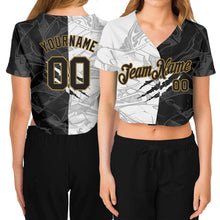 Laden Sie das Bild in den Galerie-Viewer, Custom Women's Graffiti Pattern Black-Old Gold Scratch 3D V-Neck Cropped Baseball Jersey