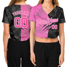 Laden Sie das Bild in den Galerie-Viewer, Custom Women's Graffiti Pattern Pink-White Scratch 3D V-Neck Cropped Baseball Jersey