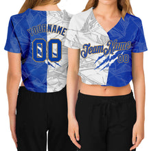 Laden Sie das Bild in den Galerie-Viewer, Custom Women's Graffiti Pattern Royal-Old Gold Scratch 3D V-Neck Cropped Baseball Jersey