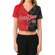 Laden Sie das Bild in den Galerie-Viewer, Custom Women's Graffiti Pattern Red-White Scratch 3D V-Neck Cropped Baseball Jersey