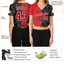 Laden Sie das Bild in den Galerie-Viewer, Custom Women's Graffiti Pattern Red-White Scratch 3D V-Neck Cropped Baseball Jersey