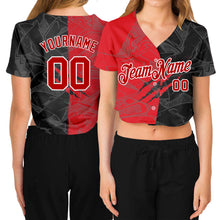 Laden Sie das Bild in den Galerie-Viewer, Custom Women's Graffiti Pattern Red-White Scratch 3D V-Neck Cropped Baseball Jersey