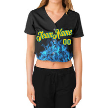 Laden Sie das Bild in den Galerie-Viewer, Custom Women's Black Gold-Aqua Flame 3D V-Neck Cropped Baseball Jersey