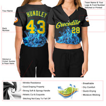 Laden Sie das Bild in den Galerie-Viewer, Custom Women's Black Gold-Aqua Flame 3D V-Neck Cropped Baseball Jersey