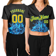 Laden Sie das Bild in den Galerie-Viewer, Custom Women's Black Gold-Aqua Flame 3D V-Neck Cropped Baseball Jersey