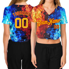 Загрузить изображение в средство просмотра галереи, Custom Women's Red Gold Royal-Light Blue Flame 3D V-Neck Cropped Baseball Jersey