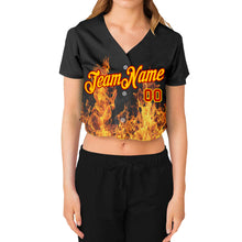 Laden Sie das Bild in den Galerie-Viewer, Custom Women's Black Gold-Red Flame 3D V-Neck Cropped Baseball Jersey