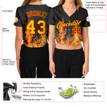Laden Sie das Bild in den Galerie-Viewer, Custom Women's Black Gold-Red Flame 3D V-Neck Cropped Baseball Jersey