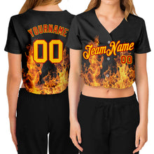 Laden Sie das Bild in den Galerie-Viewer, Custom Women's Black Gold-Red Flame 3D V-Neck Cropped Baseball Jersey