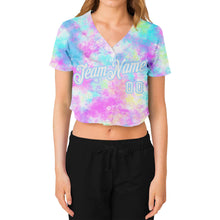 Загрузить изображение в средство просмотра галереи, Custom Women's Tie Dye White-Light Blue Watercolor Gradient 3D V-Neck Cropped Baseball Jersey