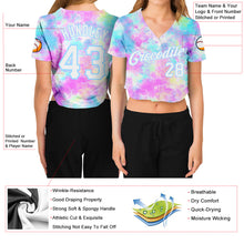 Загрузить изображение в средство просмотра галереи, Custom Women's Tie Dye White-Light Blue Watercolor Gradient 3D V-Neck Cropped Baseball Jersey