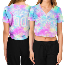 Загрузить изображение в средство просмотра галереи, Custom Women's Tie Dye White-Light Blue Watercolor Gradient 3D V-Neck Cropped Baseball Jersey