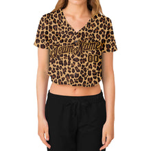 Laden Sie das Bild in den Galerie-Viewer, Custom Women's Brown Brown-Old Gold Leopard 3D V-Neck Cropped Baseball Jersey