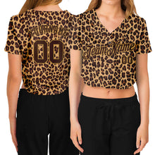 Laden Sie das Bild in den Galerie-Viewer, Custom Women's Brown Brown-Old Gold Leopard 3D V-Neck Cropped Baseball Jersey