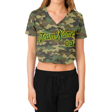 Laden Sie das Bild in den Galerie-Viewer, Custom Women's Camo Green-Gold Salute To Service V-Neck Cropped Baseball Jersey