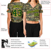Laden Sie das Bild in den Galerie-Viewer, Custom Women's Camo Green-Gold Salute To Service V-Neck Cropped Baseball Jersey