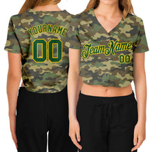 Laden Sie das Bild in den Galerie-Viewer, Custom Women's Camo Green-Gold Salute To Service V-Neck Cropped Baseball Jersey