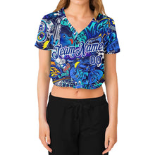 Laden Sie das Bild in den Galerie-Viewer, Custom Women's Graffiti Pattern Royal-White Abstract Urban Street Art 3D V-Neck Cropped Baseball Jersey