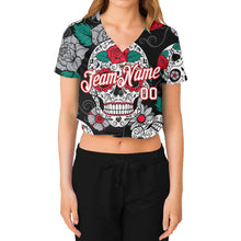 Laden Sie das Bild in den Galerie-Viewer, Custom Women's Graffiti Pattern White-Red Skull Fashion 3D V-Neck Cropped Baseball Jersey