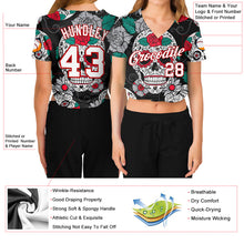 Laden Sie das Bild in den Galerie-Viewer, Custom Women's Graffiti Pattern White-Red Skull Fashion 3D V-Neck Cropped Baseball Jersey
