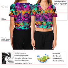 Laden Sie das Bild in den Galerie-Viewer, Custom Women's Graffiti Pattern Purple-Pink Bright Neon Colors 3D V-Neck Cropped Baseball Jersey