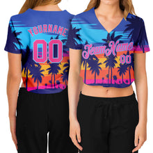 Загрузить изображение в средство просмотра галереи, Custom Women's Royal Pink-Light Blue Hawaii Palm Trees 3D V-Neck Cropped Baseball Jersey
