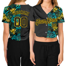Load image into Gallery viewer, Custom Women's Black Black-Gold Tropical Palm Leaves 3D V-Neck Cropped Baseball Jersey