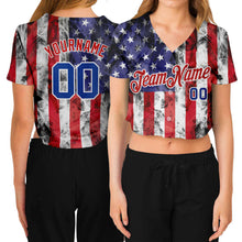Laden Sie das Bild in den Galerie-Viewer, Custom Women's White Royal-Red American Flag Fashion 3D V-Neck Cropped Baseball Jersey