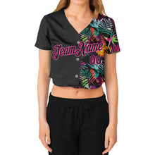 Загрузить изображение в средство просмотра галереи, Custom Women's Black Black-Pink Tropical Palm Leaves 3D V-Neck Cropped Baseball Jersey