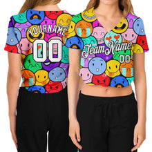 Laden Sie das Bild in den Galerie-Viewer, Custom Women's Colorful White-Black Emoji 3D V-Neck Cropped Baseball Jersey