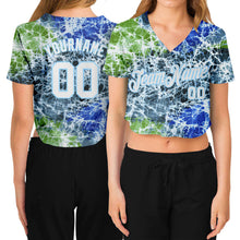 Laden Sie das Bild in den Galerie-Viewer, Custom Women's Tie Dye White-Light Blue Abstract Art 3D V-Neck Cropped Baseball Jersey