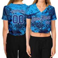 Laden Sie das Bild in den Galerie-Viewer, Custom Women's Graffiti Pattern Royal-White Abstract Ink Handmade Art 3D V-Neck Cropped Baseball Jersey