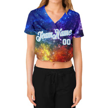 Laden Sie das Bild in den Galerie-Viewer, Custom Women's Galactic White-Light Blue 3D V-Neck Cropped Baseball Jersey
