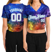 Laden Sie das Bild in den Galerie-Viewer, Custom Women's Galactic White-Light Blue 3D V-Neck Cropped Baseball Jersey