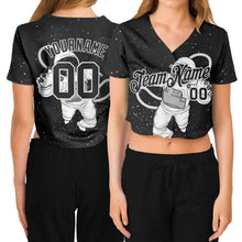Load image into Gallery viewer, Custom Women's Black Black-White Astronaut 3D V-Neck Cropped Baseball Jersey