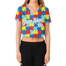 Laden Sie das Bild in den Galerie-Viewer, Custom Women's Autism Awareness Puzzle Pieces White-Light Blue 3D V-Neck Cropped Baseball Jersey