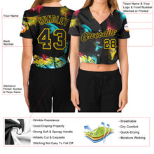 Laden Sie das Bild in den Galerie-Viewer, Custom Women's Graffiti Pattern Black-Gold 3D V-Neck Cropped Baseball Jersey