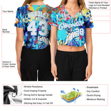 Laden Sie das Bild in den Galerie-Viewer, Custom Women's Graffiti Pattern White-Light Blue Multi Colored Mixed Media Art 3D V-Neck Cropped Baseball Jersey