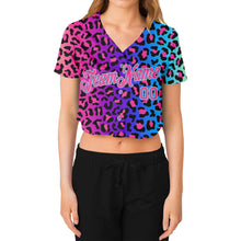 Загрузить изображение в средство просмотра галереи, Custom Women's Purple Pink-Light Blue Leopard 3D V-Neck Cropped Baseball Jersey