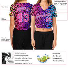 Загрузить изображение в средство просмотра галереи, Custom Women's Purple Pink-Light Blue Leopard 3D V-Neck Cropped Baseball Jersey