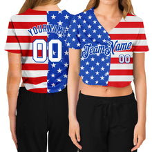 Загрузить изображение в средство просмотра галереи, Custom Women's Royal White-Red American Flag Fashion 3D V-Neck Cropped Baseball Jersey
