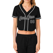 Laden Sie das Bild in den Galerie-Viewer, Custom Women's Black Black-White V-Neck Cropped Baseball Jersey