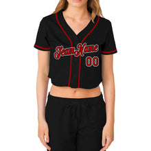 Laden Sie das Bild in den Galerie-Viewer, Custom Women's Black Red-White V-Neck Cropped Baseball Jersey