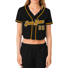Laden Sie das Bild in den Galerie-Viewer, Custom Women's Black Gold-White V-Neck Cropped Baseball Jersey