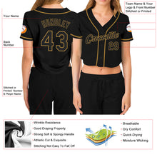 Laden Sie das Bild in den Galerie-Viewer, Custom Women's Black Black-Old Gold V-Neck Cropped Baseball Jersey